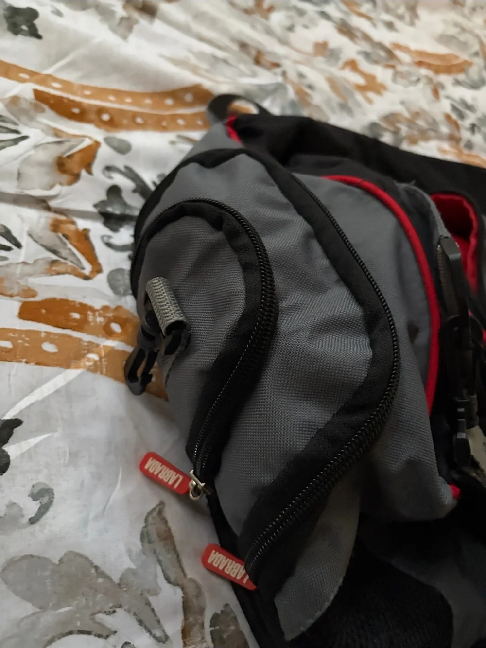 Men's Gray and Black Duffel Bag with Red Trim